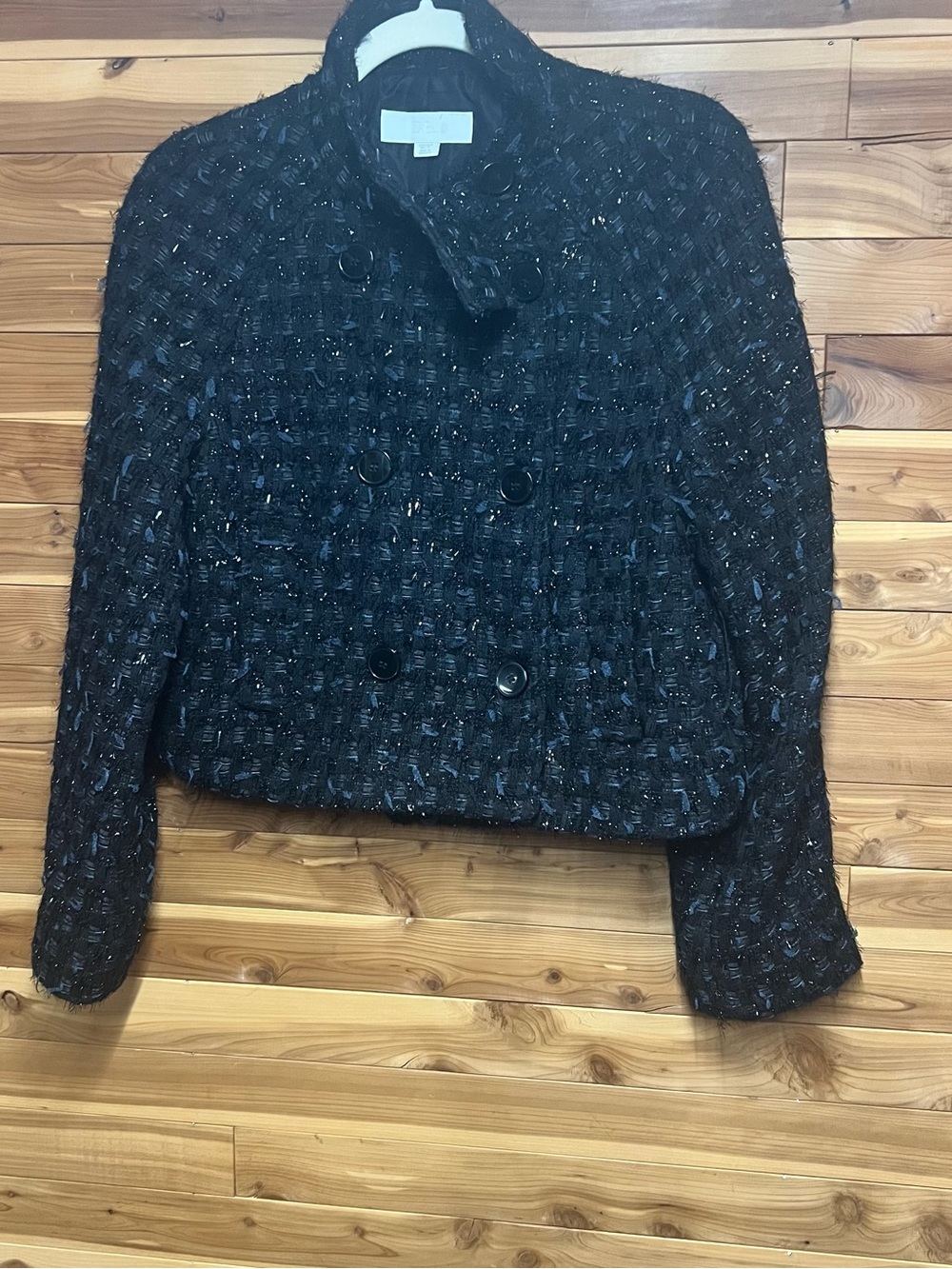 ZARA Black Blue Bouclé Tweed Cropped Jacket Double Breasted Size S - Picture 2 of 3